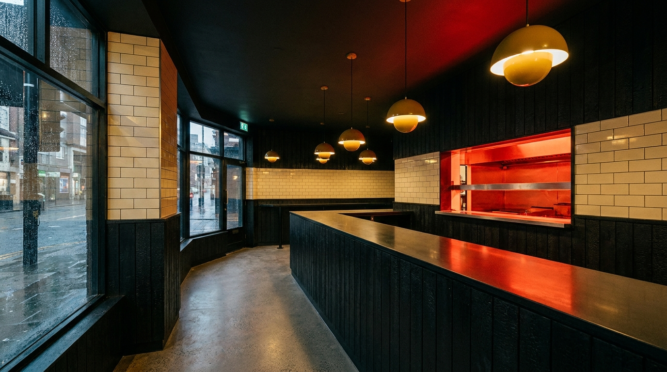 The empty counter room at night: dark timber, cream tile and warm pendant light.